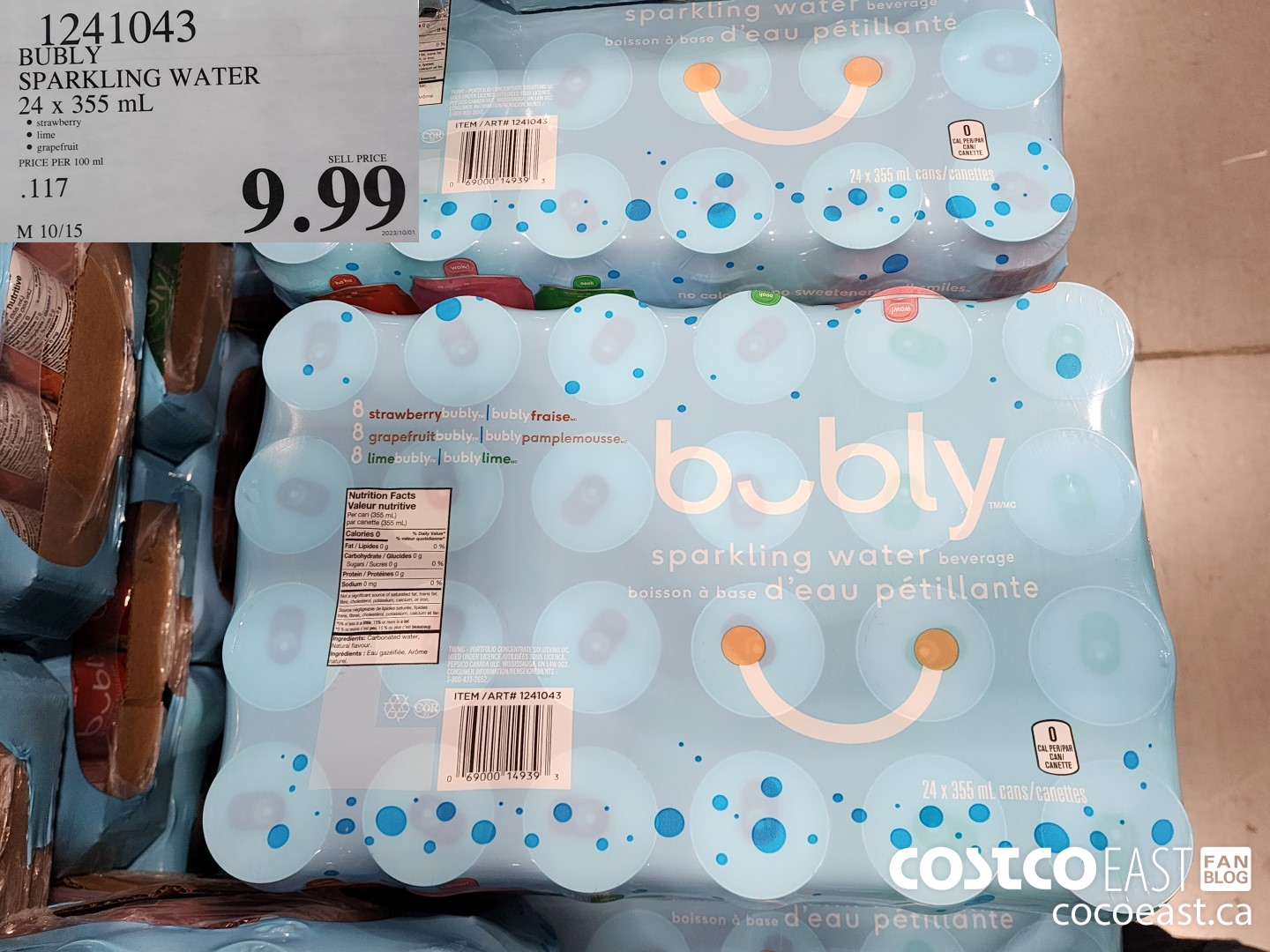 1241043 BUBLY SPARKLING WATER 24 x 355 mL $9.99