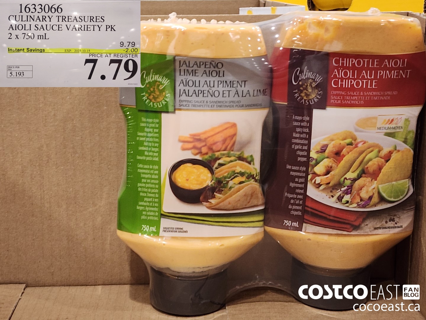 1633066 CULINARY TREASURES AIOLI SAUCE VARIETY PK 2 x 750 mL ($2.00 INSTANT SAVINGS EXPIRES ON 2023-10-15) $7.79