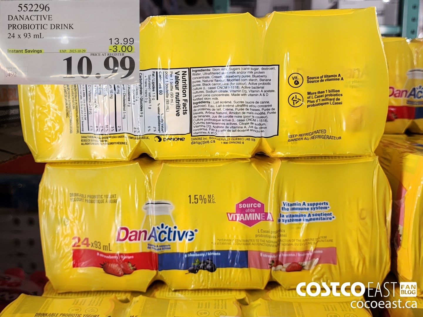 552296 DANACTIVE PROBIOTIC DRINK 24 X 93 ML ($3.00 INSTANT SAVINGS EXPIRES ON 2023-10-29) $10.99