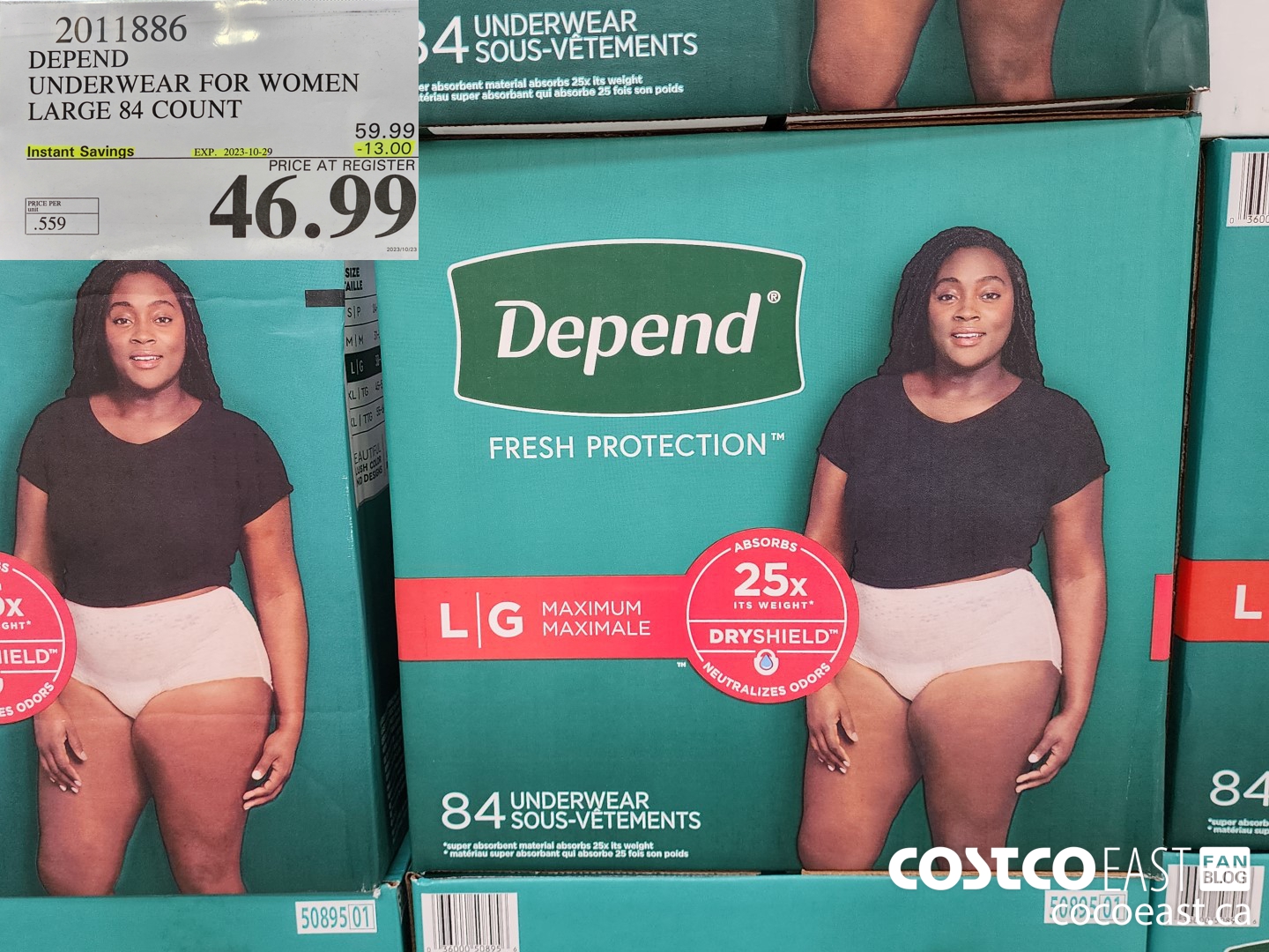 2011886 DEPEND UNDERWEAR FOR WOMEN LARGE 84 COUNT ($13.00 INSTANT SAVINGS EXPIRES ON 2023-10-92) $46.99