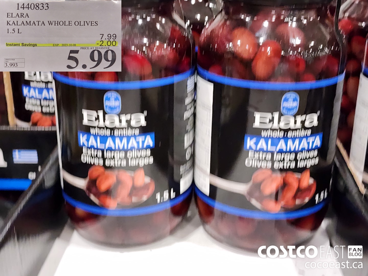 1440833 ELARA KALAMATA WHOLE OLIVES 1.5 L ($2.00 INSTANT SAVINGS EXPIRES ON 2023-10-08) $5.99
