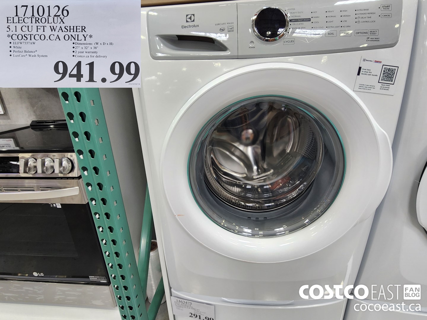 1710126 ELECTROLUX 5.1 CU FT WHITE WASHER *COSTCO.CA ONLY* $941.99