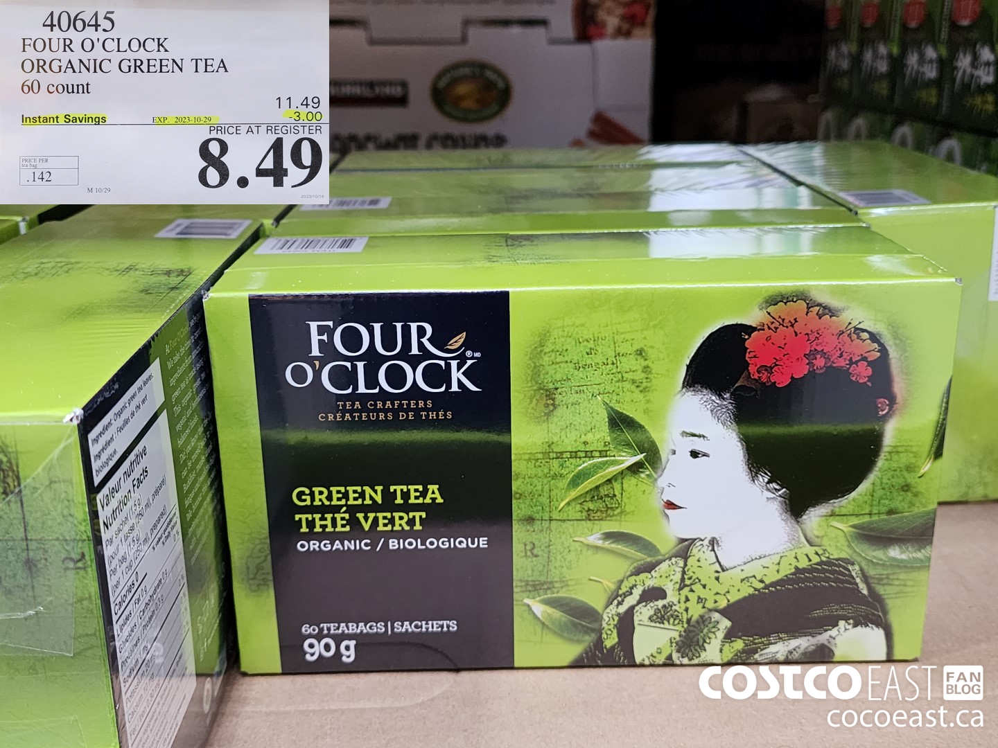 40645 FOUR O'CLOCK ORGANIC GREEN TEA 60 COUNT ($3.00 INSTANT SAVINGS EXPIRES ON 2023-10-29) $8.49