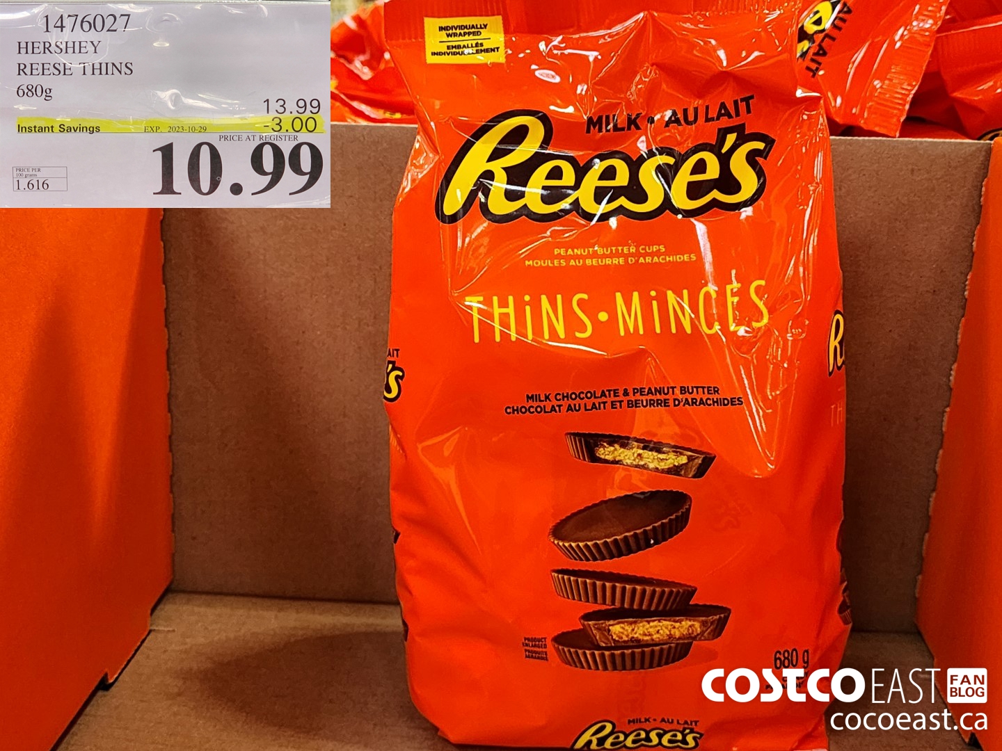1476027 HERSHEY REESE THINS 680g ($3.00 INSTANT SAVINGS EXPIRES ON 2023-10-29) $10.99