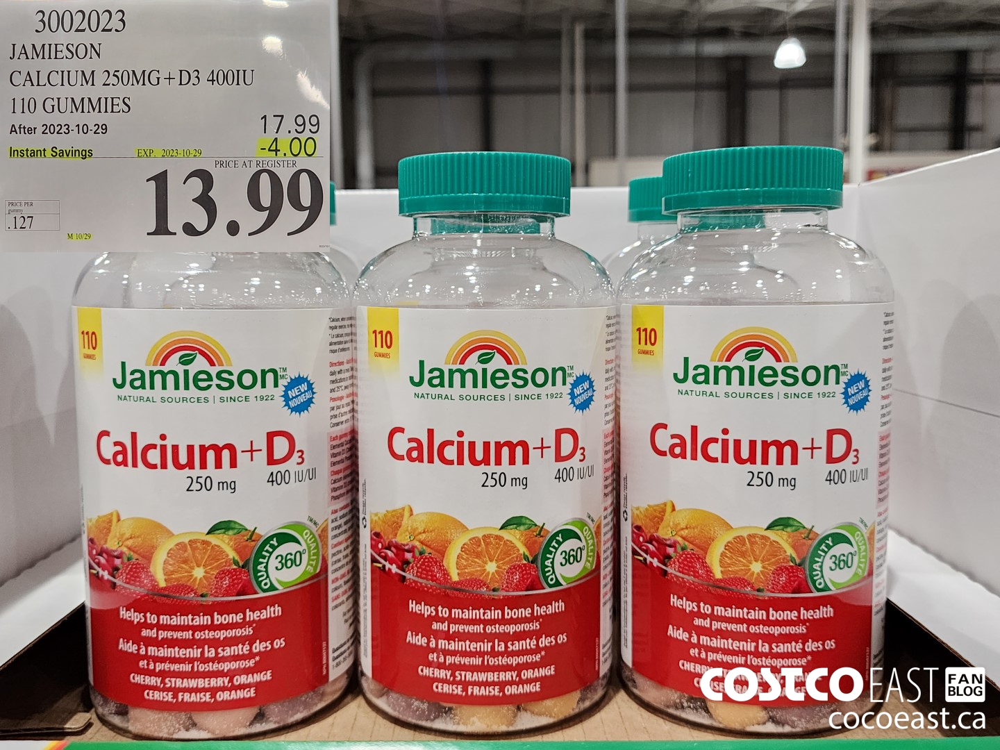 3002023 JAMIESON CALCIUM 250MG+D3 400IU 110 GUMMIES ($4.00 INSTANT SAVINGS EXPIRES ON 2023-10-29) $13.99