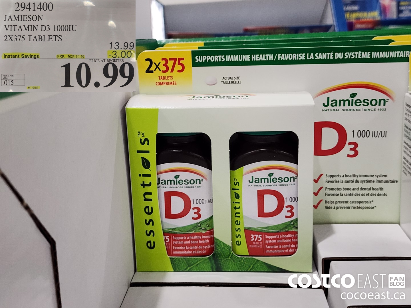 2941400 JAMIESON VITAMIN D3 1000IU 2X375 TABLETS ($3.00 INSTANT SAVINGS EXPIRES ON 2023-10-29) $10.99