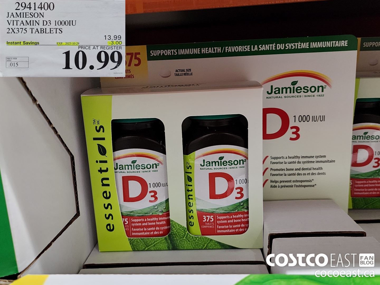 2941400 JAMIESON VITAMIN D3 1000IU 2X375 TABLETS ($3.00 INSTANT SAVINGS EXPIRES ON 2023-10-29) $10.99