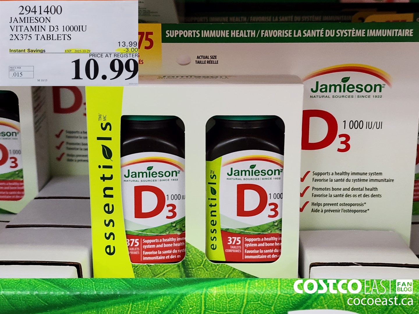 2941400 JAMIESON VITAMIN D3 1000IU 2X375 TABLETS ($3.00 INSTANT SAVINGS EXPIRES ON 2023-10-29) $10.99