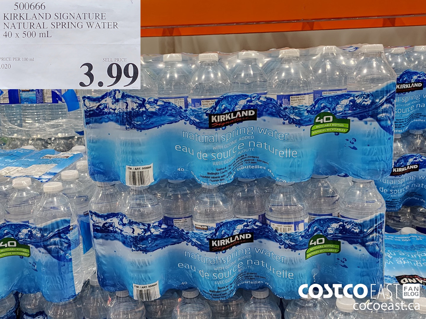 500666 KIRKLAND SIGNATURE NATURAL SPRING WATER 40 X 500 ML $3.99