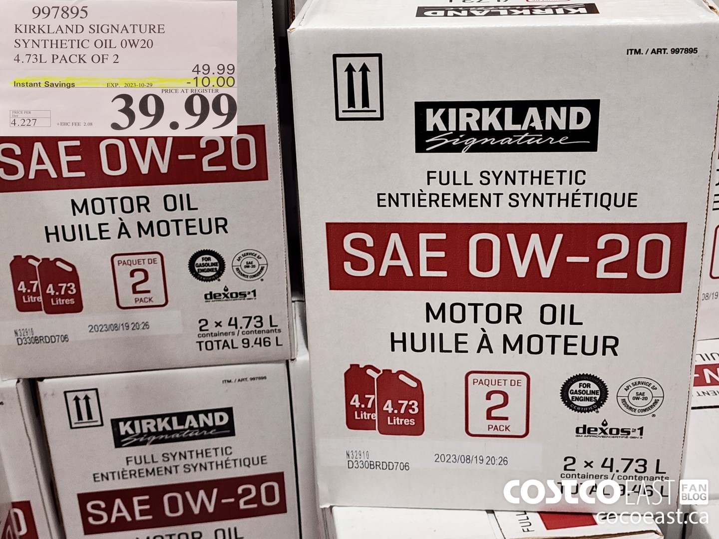 997895 KIRKLAND SIGNATURE SYNTHETIC OIL 0W20 4.73L PACK OF 2 ($10.00 INSTANT SAVINGS EXPIRES ON 2023-10-29) $39.99
