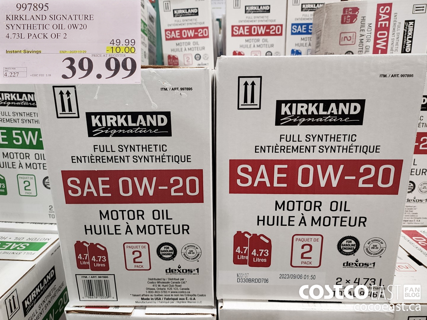997895 KIRKLAND SIGNATURE SYNTHETIC OIL 0W20 4.73L PACK OF 2 ($10.00 INSTANT SAVINGS EXPIRES ON 2023-10-29) $39.99