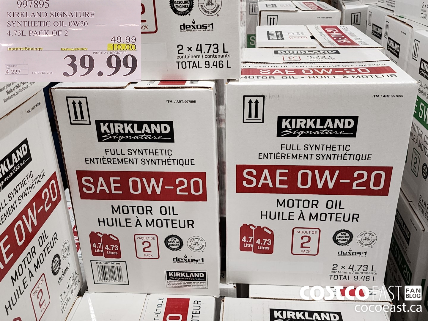 997895 KIRKLAND SIGNATURE SYNTHETIC OIL 0W20 4.73L PACK OF 2 ($10.00 INSTANT SAVINGS EXPIRES ON 2023-10-29) $39.99