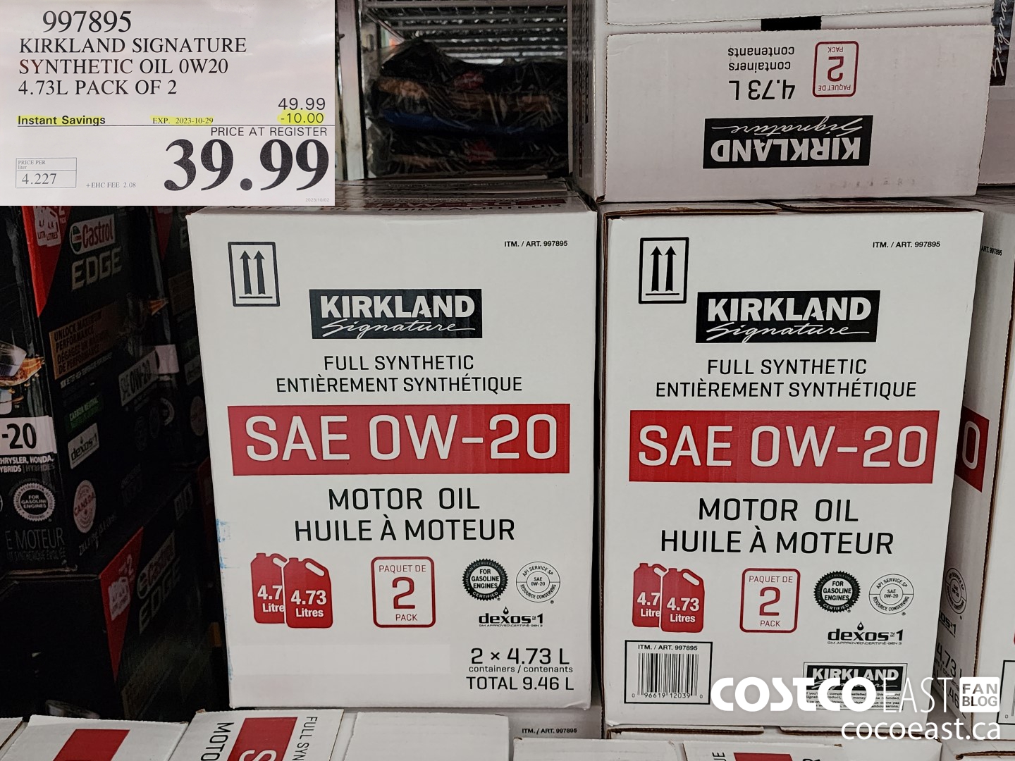 997895 KIRKLAND SIGNATURE SYNTHETIC OIL 0W20 4.73L PACK OF 2 ($10.00 INSTANT SAVINGS EXPIRES ON 2023-10-29) $39.99
