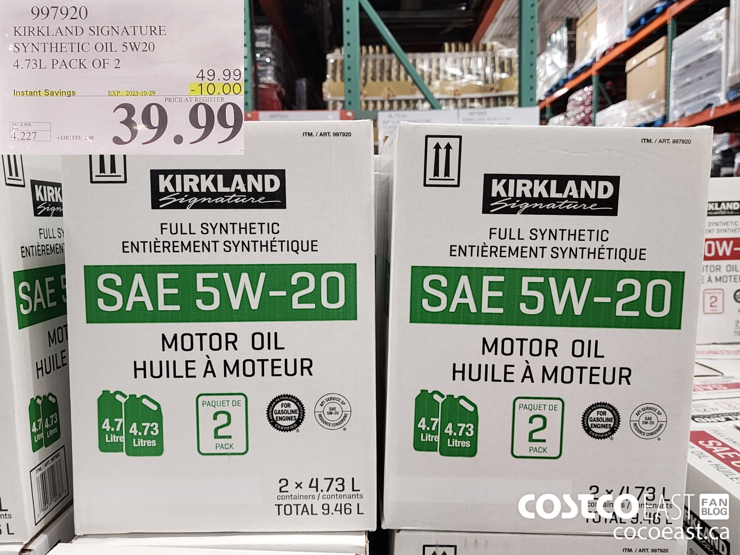 997920 KIRKLAND SIGNATURE SYNTHETIC OIL 5W20 4.73L PACK OF 2 ($10.00 INSTANT SAVINGS EXPIRES ON 2023-10-29) $39.99