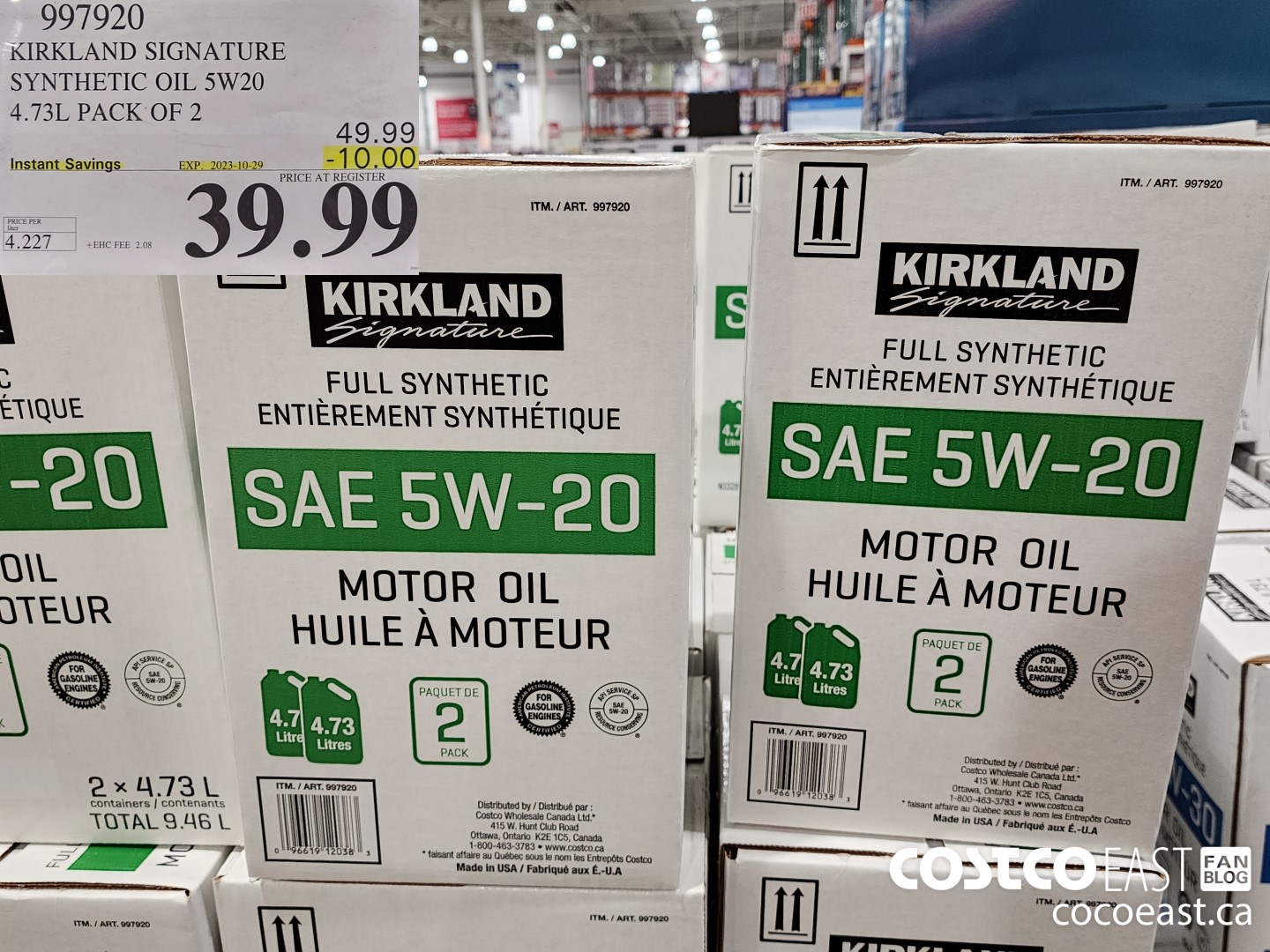 997920 KIRKLAND SIGNATURE SYNTHETIC OIL 5W20 4.73L PACK OF 2 ($10.00 INSTANT SAVINGS EXPIRES ON 2023-10-29) $39.99