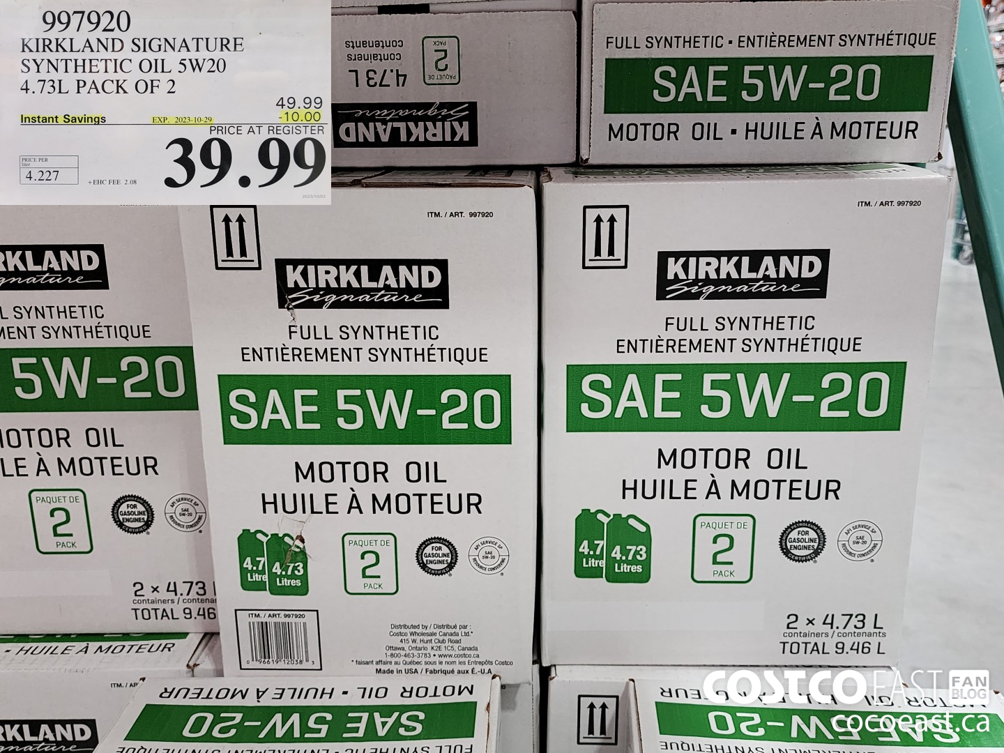 997920 KIRKLAND SIGNATURE SYNTHETIC OIL 5W20 4.73L PACK OF 2 ($10.00 INSTANT SAVINGS EXPIRES ON 2023-10-29) $39.99