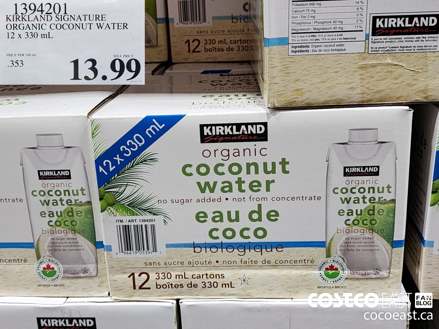 1394201 KIRKLAND SIGNATURE ORGANIC COCONUT WATER 12 X 330 ML $13.99