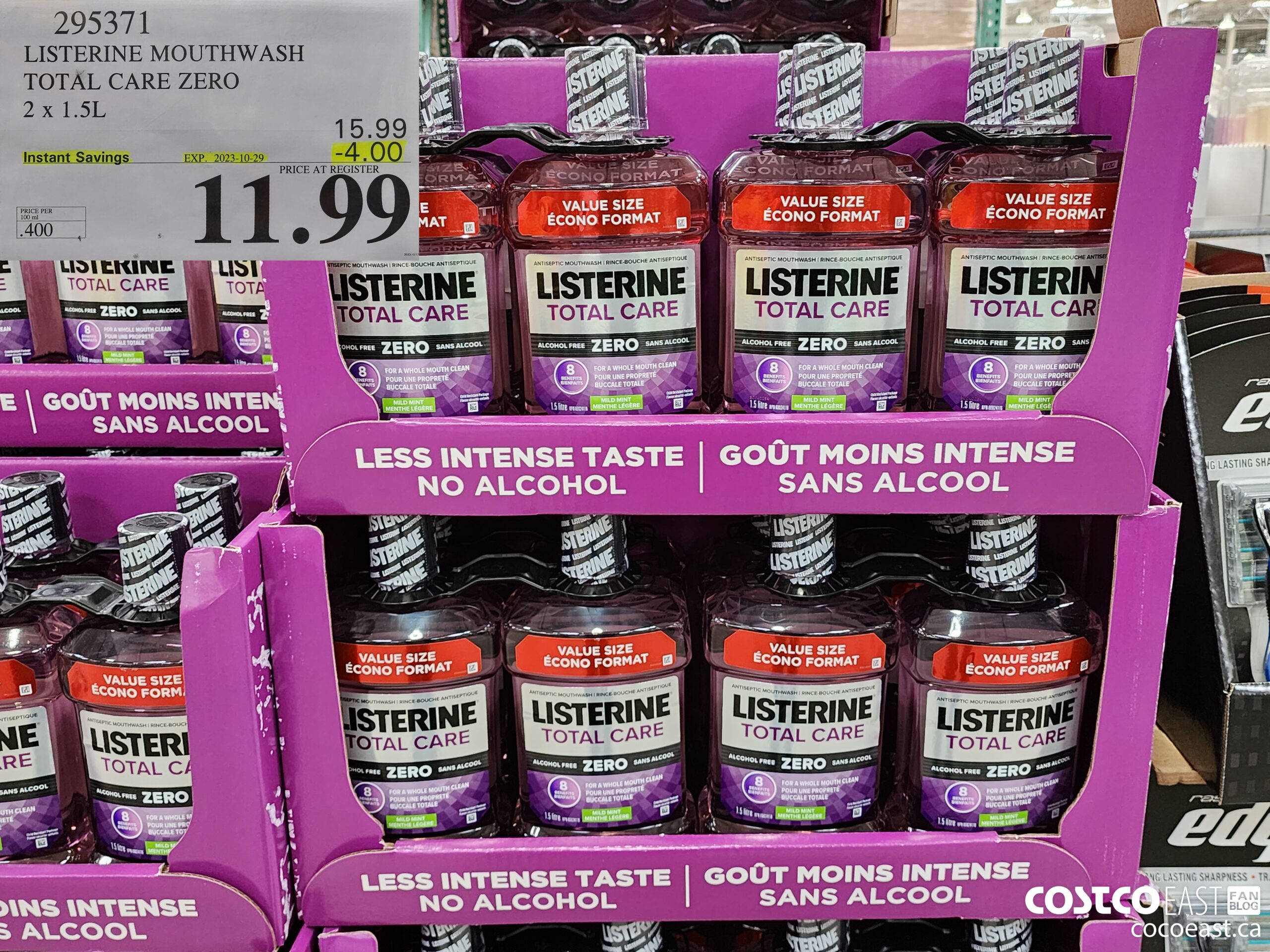 295371 LISTERINE MOUTHWASH TOTAL CARE ZERO 2 X 1.5L ($4.00 INSTANT SAVINGS EXPIRES ON 2023-10-29) $11.99