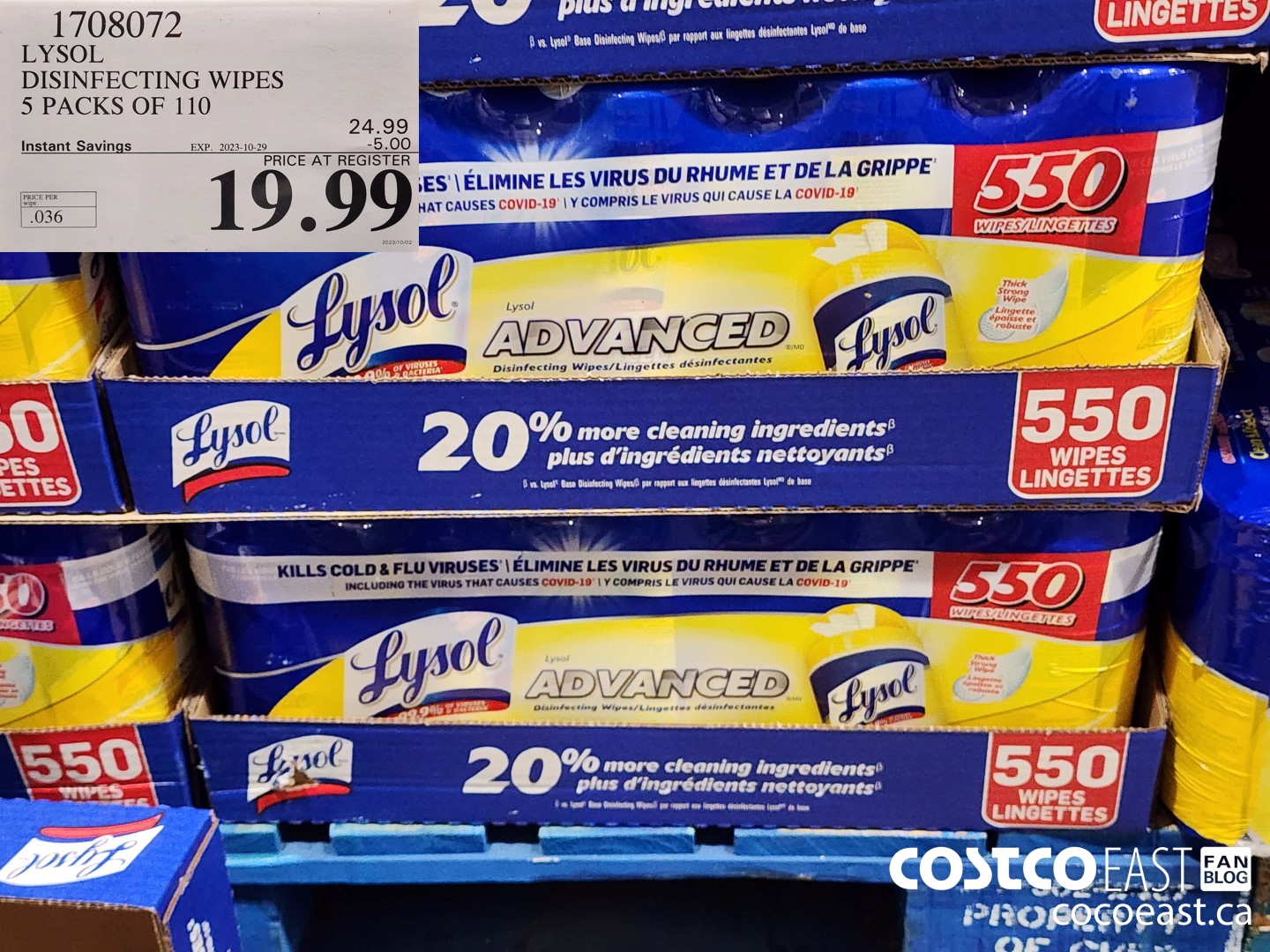 1708072 LYSOL DISINFECTING WIPES 5 PACKS OF 110 ($5.00 INSTANT SAVINGS EXPIRES ON 2023-10-29) $19.99