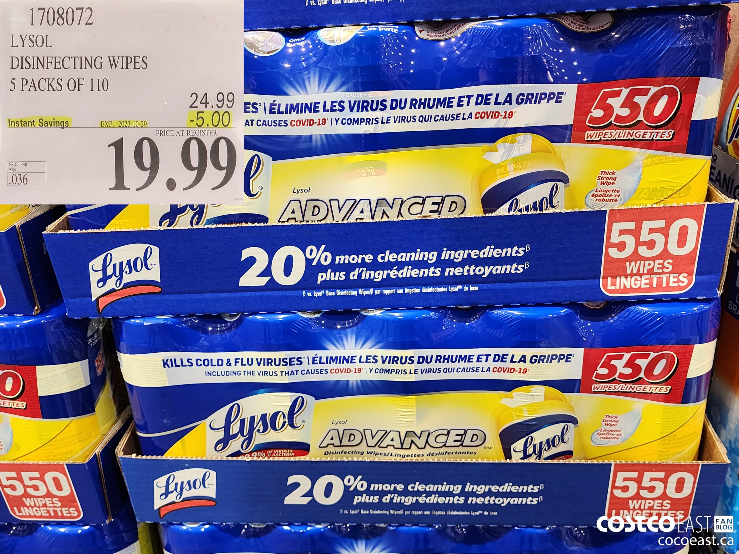1708072 LYSOL DISINFECTING WIPES 5 PACKS OF 110 ($5.00 INSTANT SAVINGS EXPIRES ON 2023-10-29) $19.99