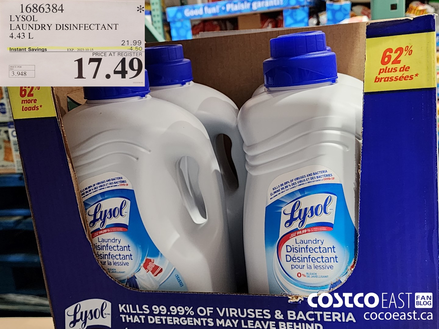 1686384 LYSOL LAUNDRY DISINFECTANT 4.43L ($4.50 INSTANT SAVINGS EXPIRES ON 2023-10-15) $17.49