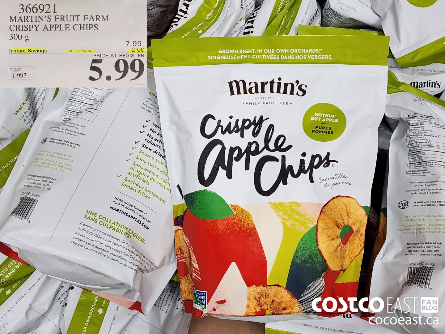 366921 MARTIN'S FRUIT FARM CRISPY APPLE CHIPS 300G ($2.00 INSTANT SAVINGS EXPIRES ON 2023-10-29) $5.99