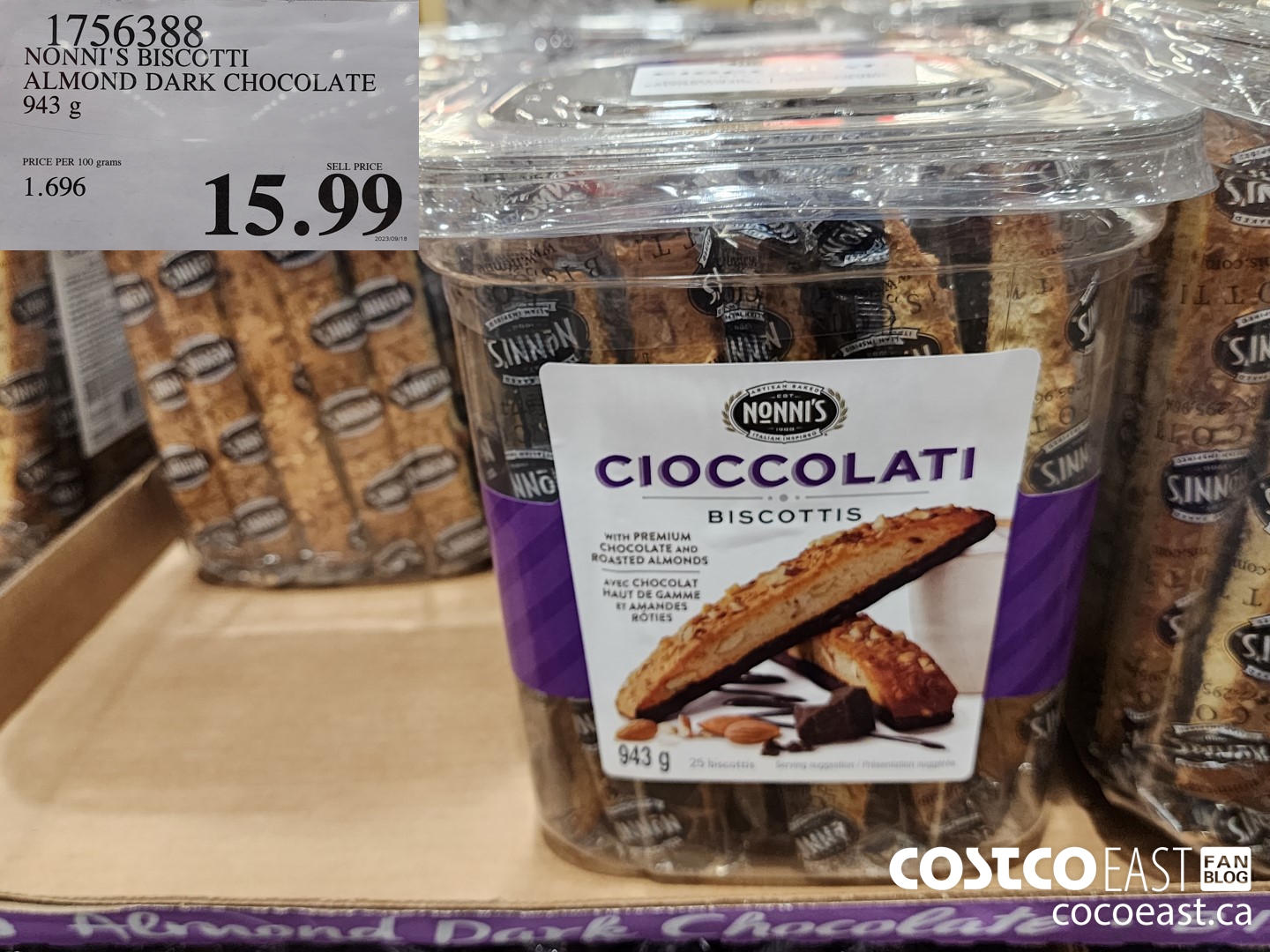 1756388 NONNI'S BISCCTTI ALMOND DARK CHOCOLATE 943 g $15.99