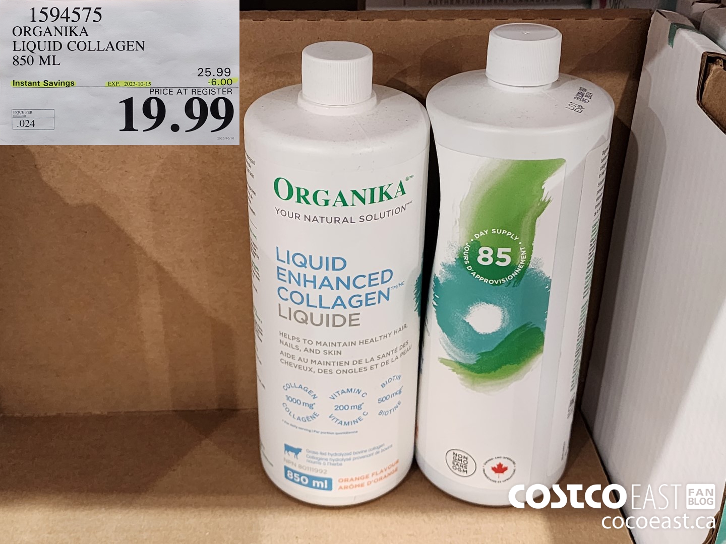 1594575 ORGANIKA LIQUID COLLAGEN 850 ML ($6.00 INSTANT SAVINGS EXPIRES ON 2023-10-15) $19.99