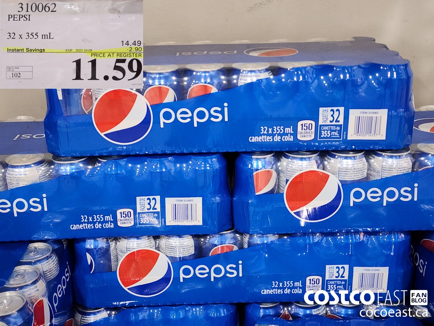 310062 PEPSI 32 X 355 ML ($2.90 INSTANT SAVINGS EXPIRES ON 2023-10-08) $11.59