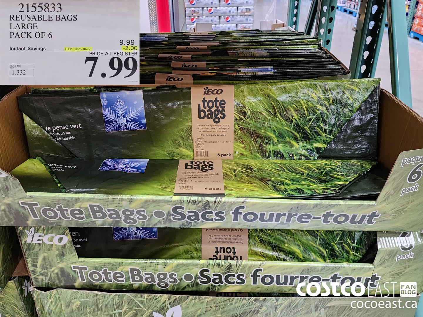 2155833 REUSABLE BAGS LARGE PACK OF 6 ($2.00 INSTANT SAVINGS EXPIRES ON 2023-10-29) $7.99