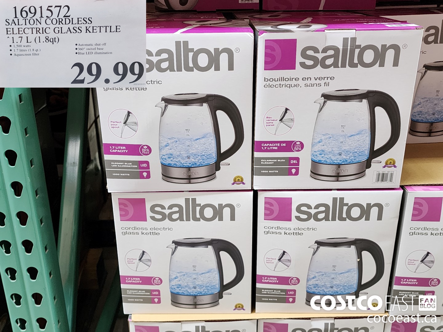 1691572 SALTON CORDLESS ELECTRIC GLASS KETTLE 1.7L (1.8QT) $29.99