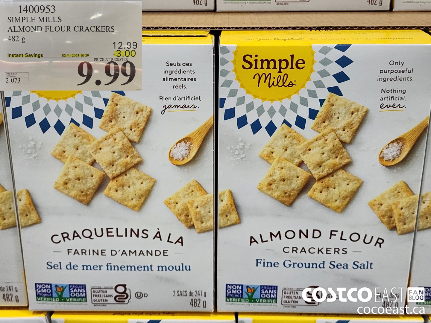 1400953 SIMPLE MILLS ALMOND FLOUR CRACKERS 482 G ($3.00 INSTANT SAVINGS EXPIRES ON 2023-10-29) $9.99