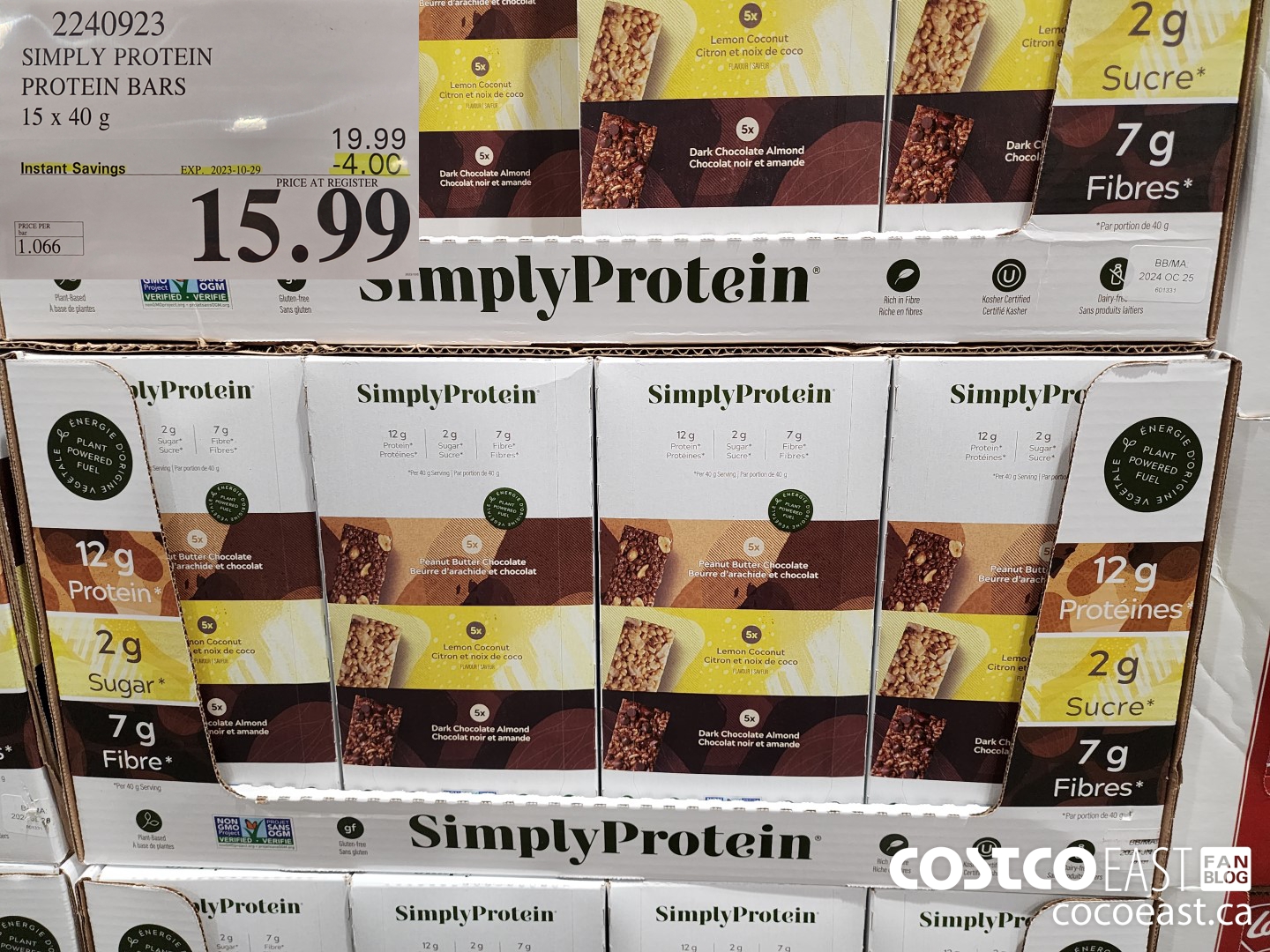 2240923 SIMPLY PROTEIN PROTEIN BARS 15 x 40 g ($4.00 INSTANT SAVINGS EXPIRES ON 2023-10-29) $15.99