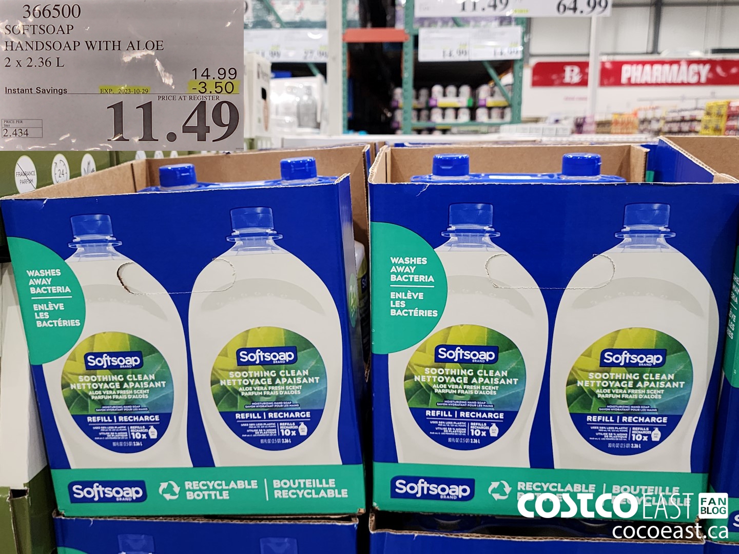 366500 SOFTSOAP HANDSOAP WITH ALOE 2 X 2.36 L ($3.50 INSTANT SAVINGS EXPIRES ON 2023-10-29) $11.49