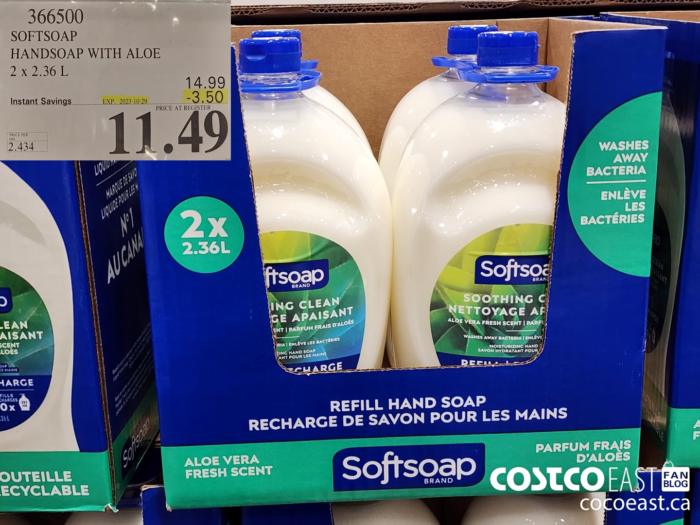 366500 SOFTSOAP HANDSOAP WITH ALOE 2 X 2.36 L ($3.50 INSTANT SAVINGS EXPIRES ON 2023-10-29) $11.49