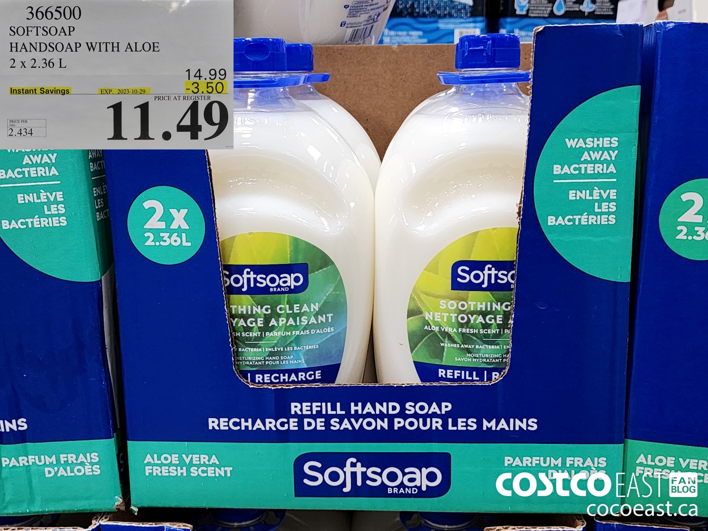 366500 SOFTSOAP HANDSOAP WITH ALOE 2 X 2.36 L ($3.50 INSTANT SAVINGS EXPIRES ON 2023-10-29) $11.49