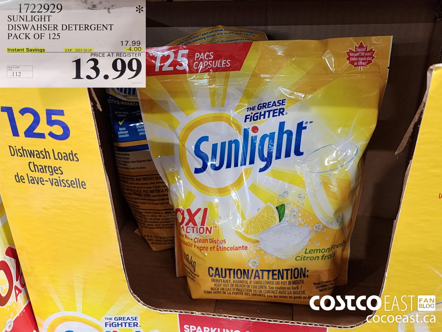 1722929 SUNLIGHT DISWAHSER DETERGENT PACK OF 125 ($4.00 INSTANT SAVINGS EXPIRES ON 2023-10-15) $13.99