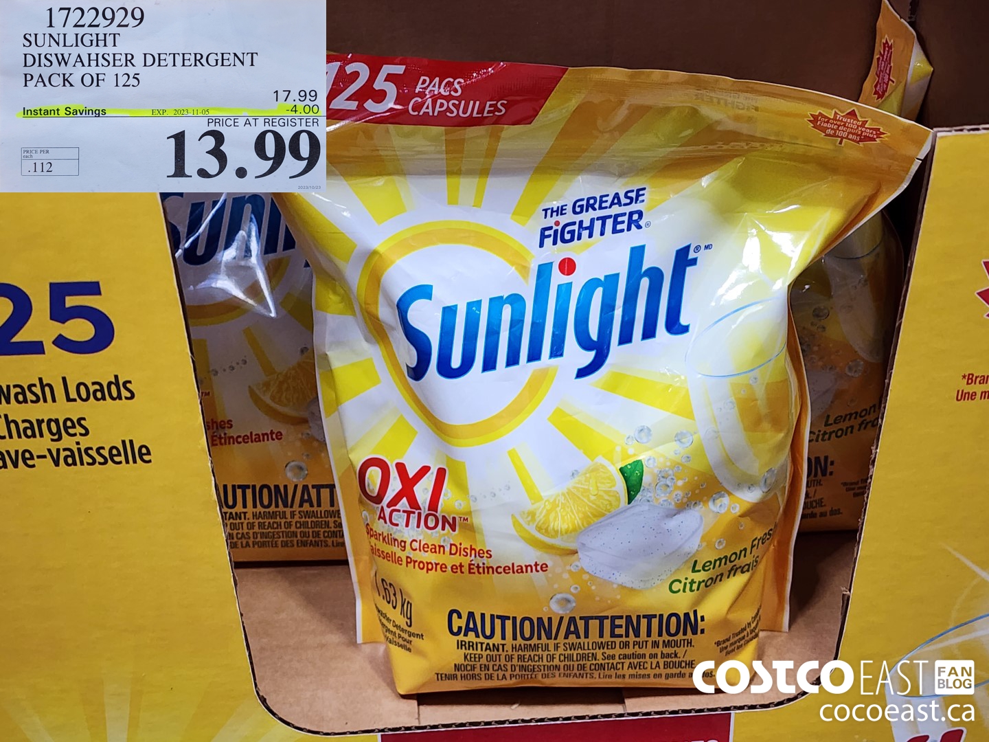 1722929 SUNLIGHT DISWAHSER DETERGENT PACK OF 125 ($4.00 INSTANT SAVINGS EXPIRES ON 2023-11-05) $13.99