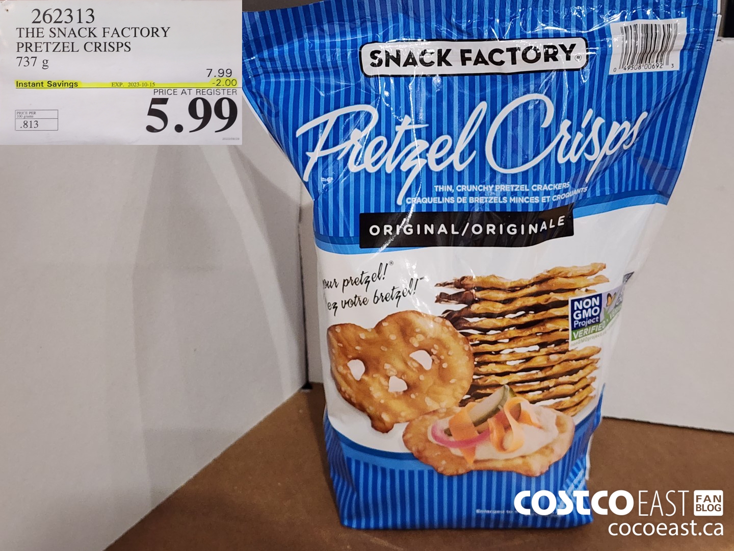 262313 THE SNACK FACTORY PRETZEL CRISPS 737 G ($2.00 INSTANT SAVINGS EXPIRES ON 2023-10-15) $5.99