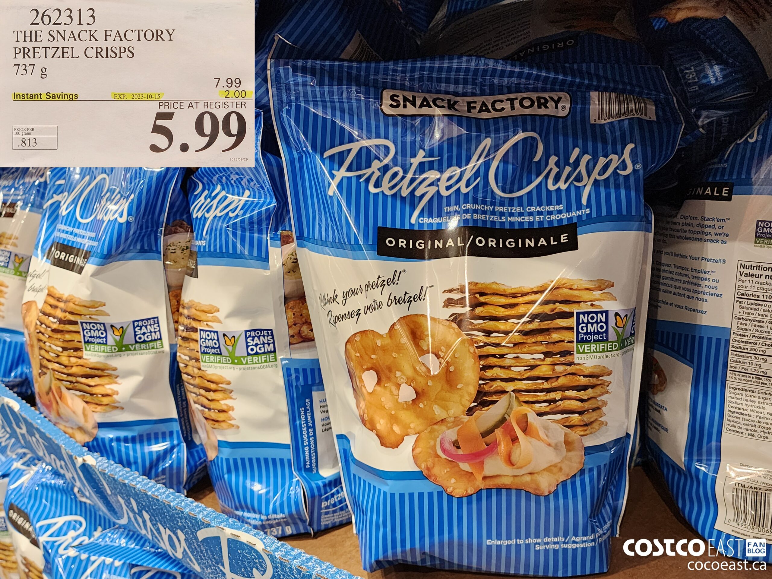 262313 THE SNACK FACTORY PRETZEL CRISPS 737 G ($2.00 INSTANT SAVINGS EXPIRES ON 2023-10-15) $5.99