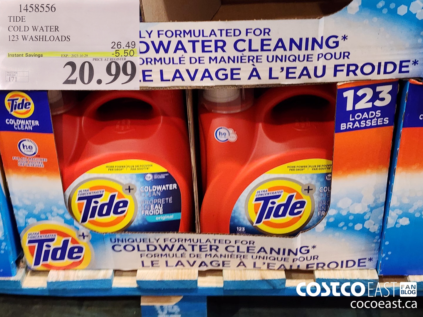 1458556 TIDE COLD WATER 123 WASHLOADS ($5.50 INSTANT SAVINGS EXPIRES ON 2023-10-29) $20.99