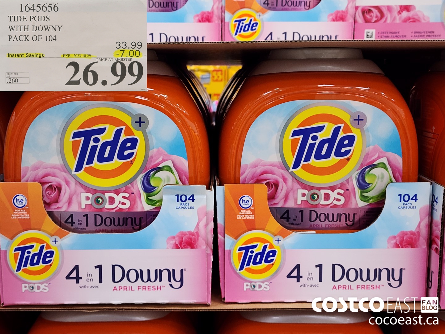 1645656 TIDE PODS WITH DOWNY PACK OF 104 ($7.00 INSTANT SAVINGS EXPIRES ON 2023-10-29) $26.99