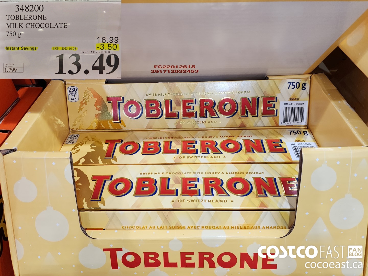 348200 TOBLERONE MILK CHOCOLATE 750 G ($3.50 INSTANT SAVINGS EXPIRES ON 2023-10-08) $13.49