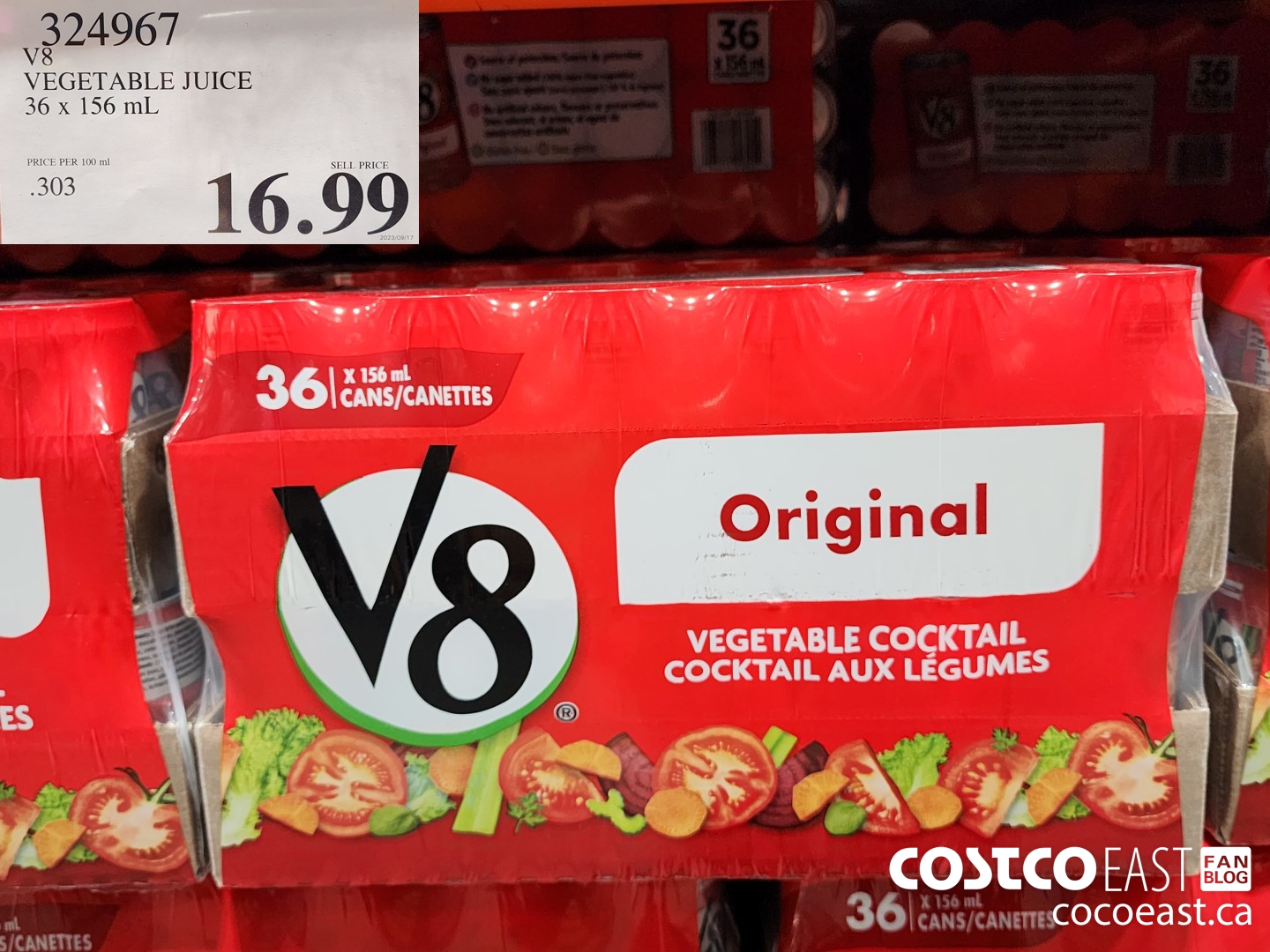 324967 V8 VEGETABLE JUICE 36 x 156 mL $16.99