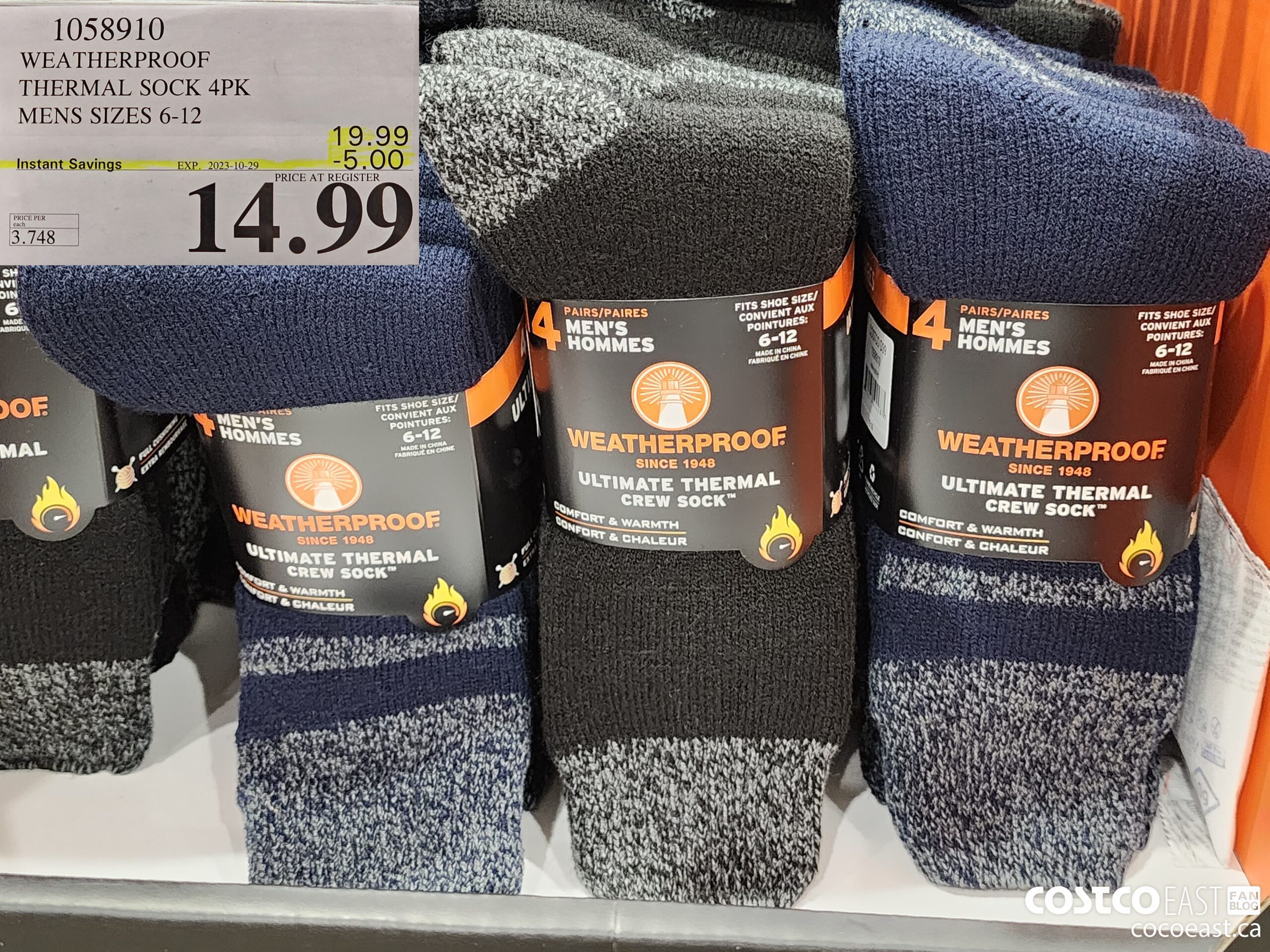 1058910 WEATHERPROOF THERMAL SOCK 4PK MENS SIZES 6-12 ($5.00 INSTANT SAVINGS EXPIRES ON 2023-10-29) $14.99