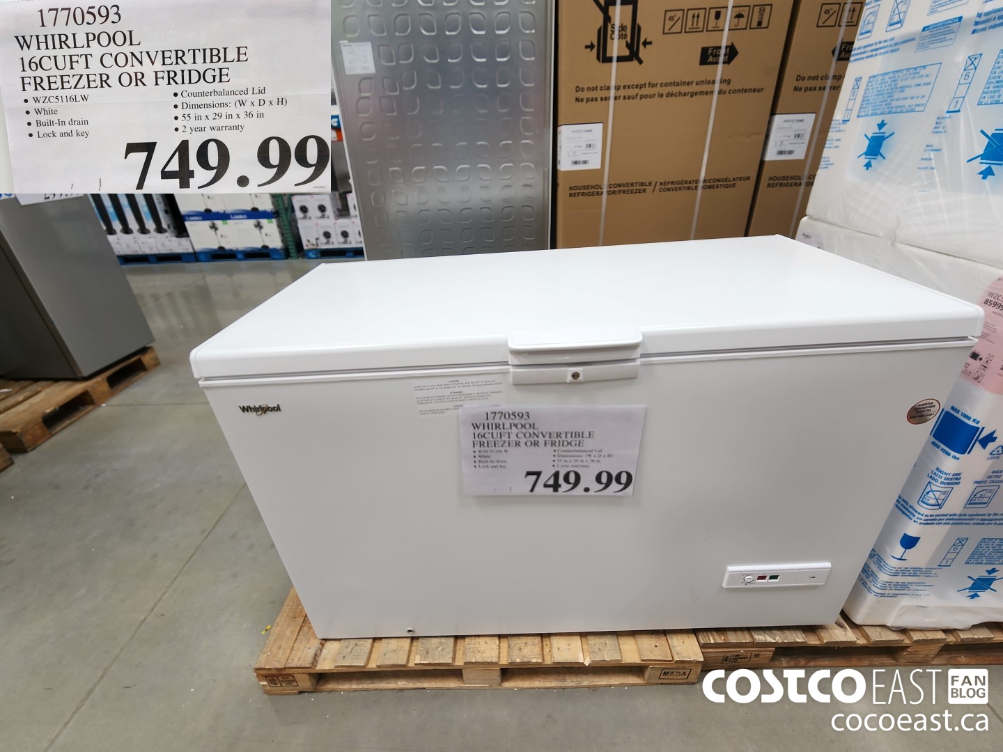 1770593 WHIRLPOOL 16CUFT CONVERTIBLE FREEZER OR FRIDGE $749.99