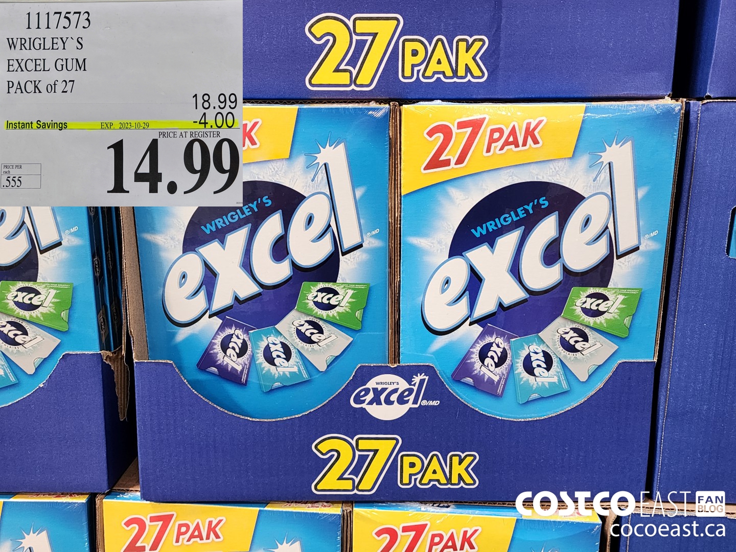 1117573 WRIGLEY’S EXCEL GUM PACK of 27 ($4.00 INSTANT SAVINGS EXPIRES ON 2023-10-29) $14.99