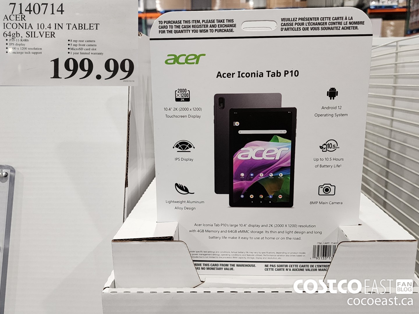 7140714 ACER ICONIA 10.4 IN TABLET 64GB, SILVER $199.99