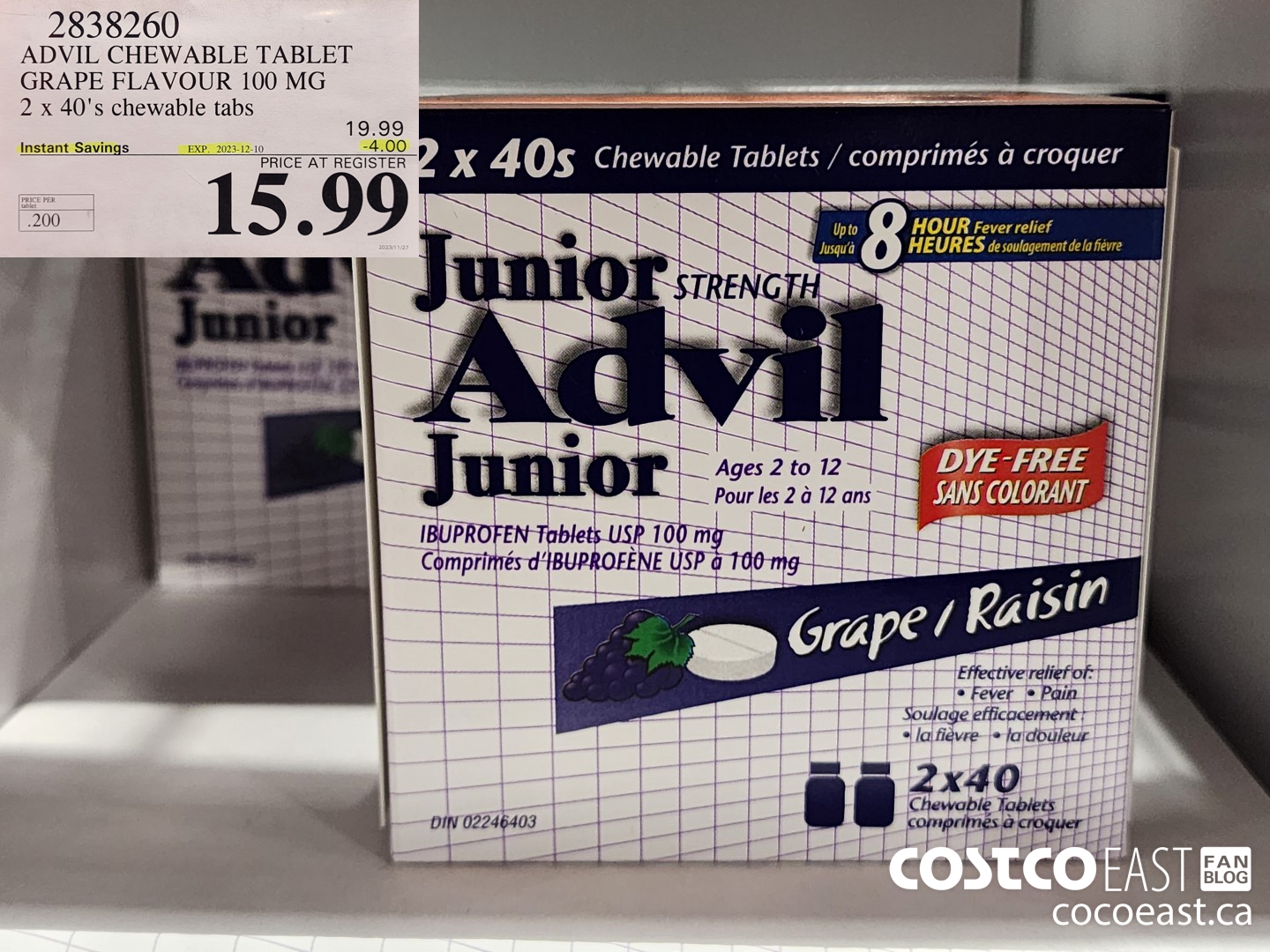 2838260 ADVIL CHEWABLE TABLET GRAPE FLAVOUR 100 MG 2 X 40'S CHEWABLE TABS ($4.00 INSTANT SAVINGS EXPIRES ON 2023-12-10) $15.99