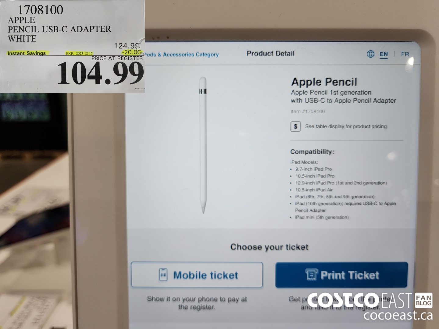 1708100 APPLE PENCIL 1st GEN WHITE ($20.00 INSTANT SAVINGS EXPIRES ON 2023-12-17) $104.99
